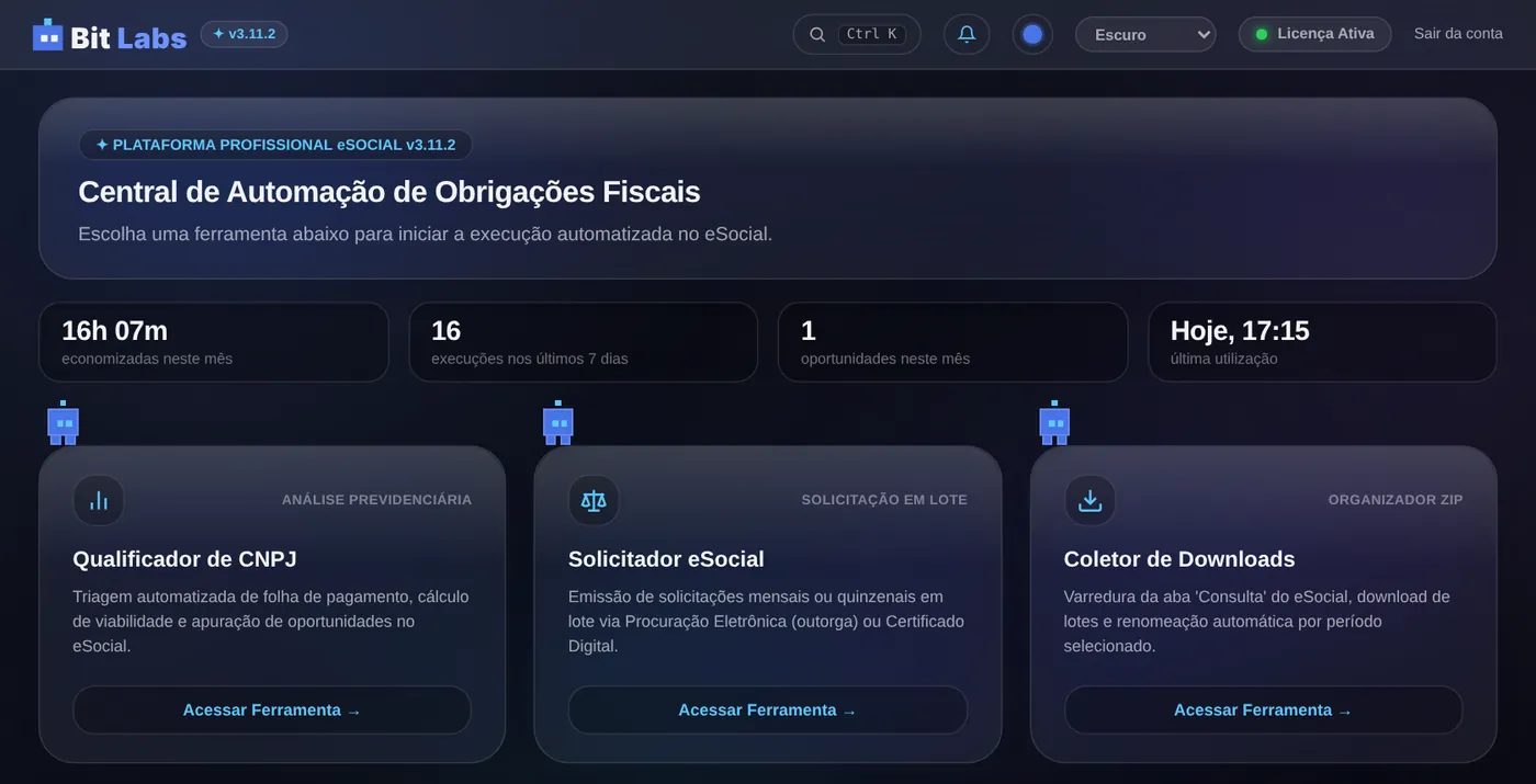 Tela inicial do Bit Labs com os três robôs e o resumo do mês