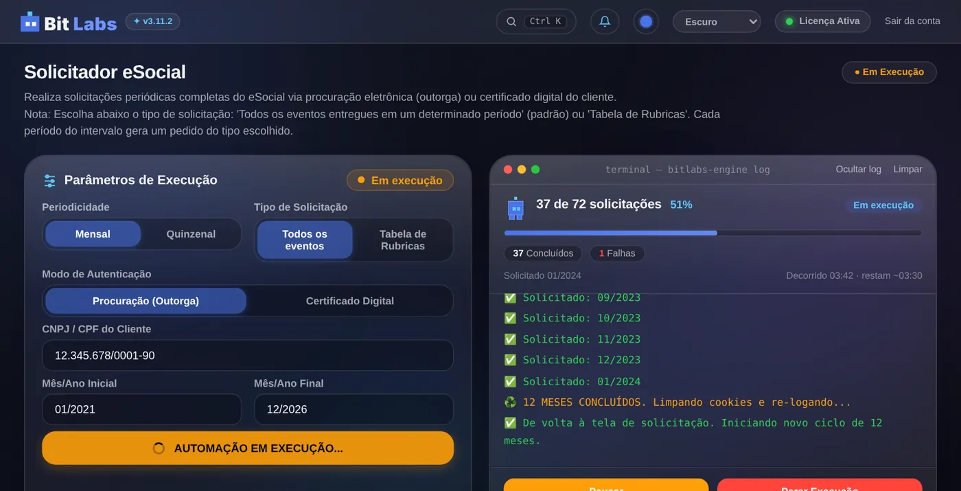 Execução em andamento, com barra de progresso e log